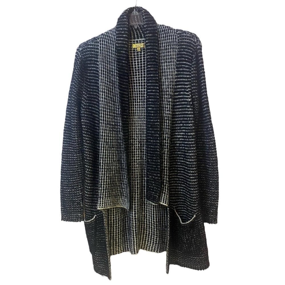 Princess Vera Wang cardigan metallic eyelash knitted draped front, black white,